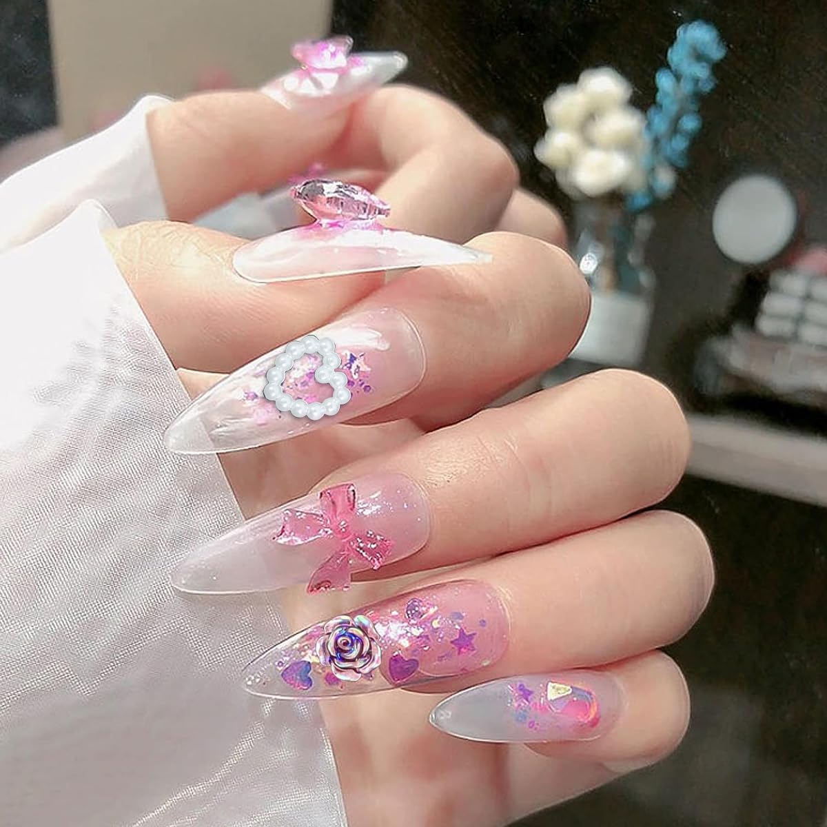 MAYCREATE 3D Flower Nail Charms Heart Star Bow Embellishments Acrylic Nail Gems Charms Mixed AB Resin Rhinestones Pearls Gold Rivets for Manicure DIY Crafts Accessories, Pink