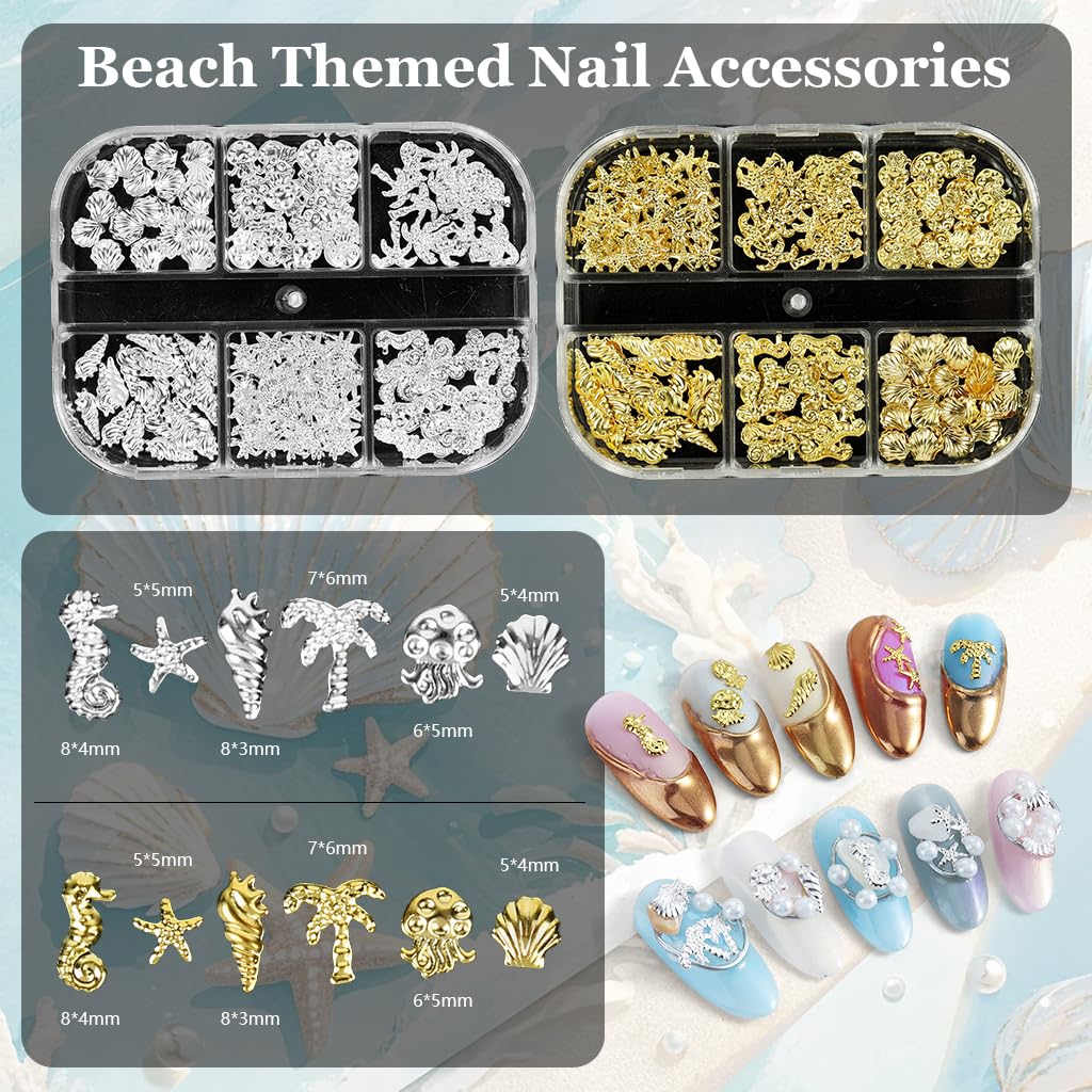 MAYCREATE Beach Nail Art Charms for DIY Manicure with 3D Metal Ocean Designs | Dual Tone Boho Style