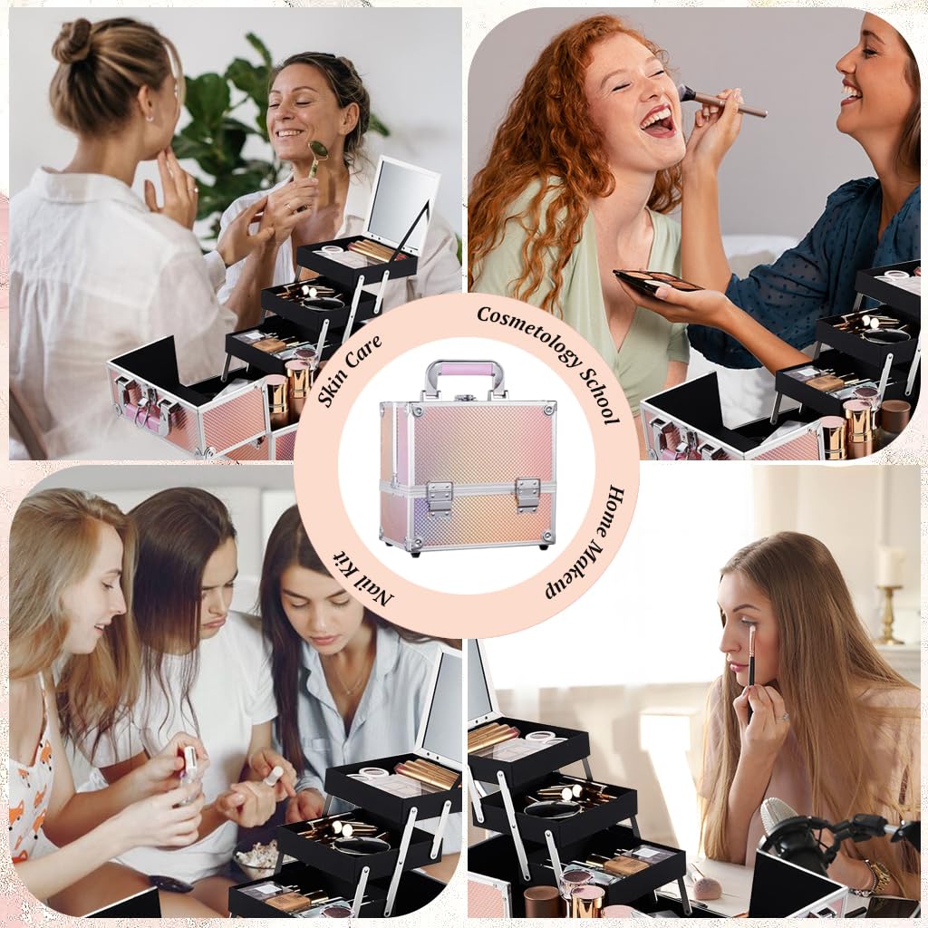 MAYCREATE Portable Makeup Organizer Suitcase Aluminum Alloy Travel Suitcase Multi Compartment Stackable Drawers Design Make-up Artist Train Case with Makeup Mirror & Makeup Brush Holder