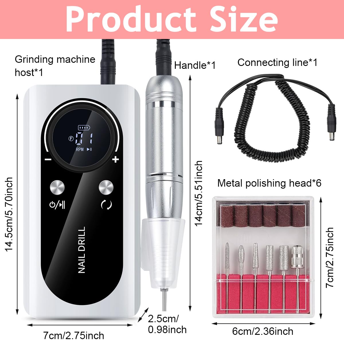 MAYCREATE Electric Nail Drill Machine Kit 45000RPM Professional Bi-directional Nail Drill LCD Display Electric Nail Drill with 5 Attachment Bits & Sanding Paper Cordless Manicure Nail Drill