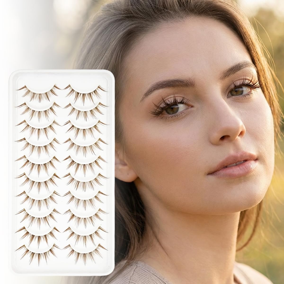 MAYCREATE® 10 Pairs Brown Lashes Natural Light Brown False Eyelashes Clear Band Faux 3D Mink False Eyelashes Natural Looking Fluffy Cat Eye Wispy Strip Lashes