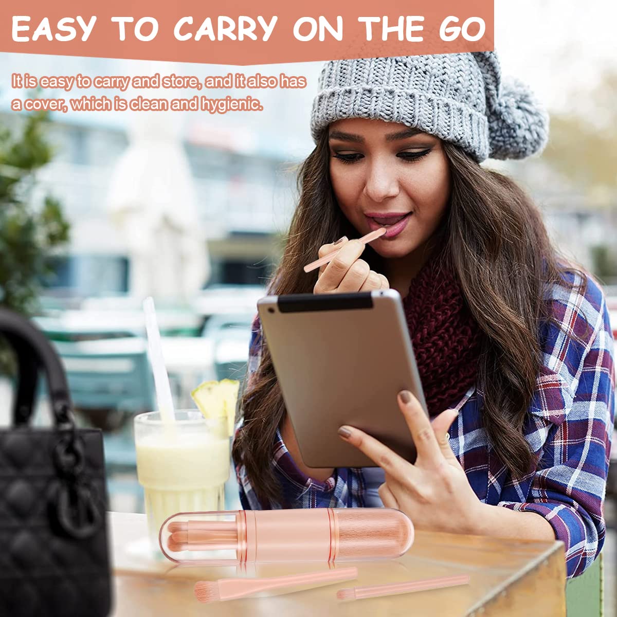 MAYCREATE Makeup Brush Set for Travel with 4 in 1 Retractable Capsule Design | Nude Color