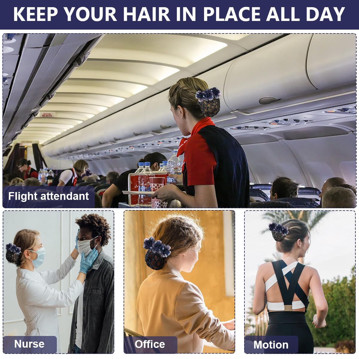 MAYCREATE Floral Hair Snood Net, Barrette Hair Bun Cover, Rhinestone Hair Bun Clips for Women, Lady Hair Bun Accessories Bun Maker Hairnet for Dancer Nurse Work or Daily