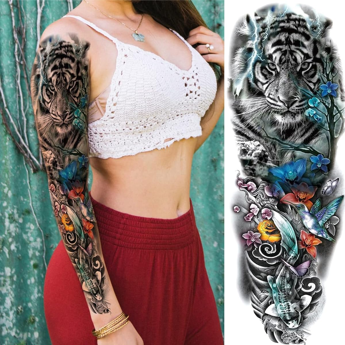 MAYCREATE Temporary Tattoo Stickers for Men and Women with 6 Sheets 48×17 cm Waterproof Designs | Ideal for Party and Club