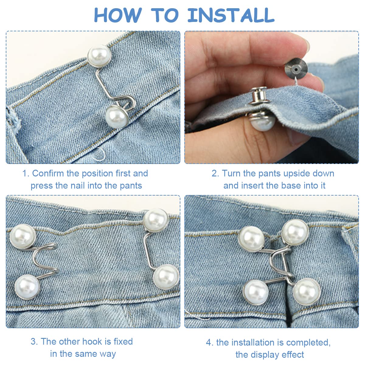 MAYCREATE 4Pcs Adjustable Waist Buckle for Loose Jeans Pants,Pearl Detachable Instant Jeans Button Pins Waist Tightener Set,Make the Waist Fit for Skirt Pants Robe,No Sewing Required