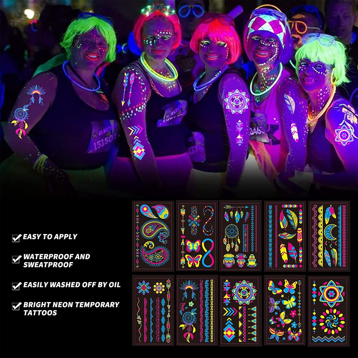 MAYCREATE 10 Sheets Temporary Tattoo Stickers Night Glow in the Dark Sticker, 80+ Styles Waterproof UV Neon Stickers, Body Face Fake Tattoos for Women Men Kids Rave Festival Party