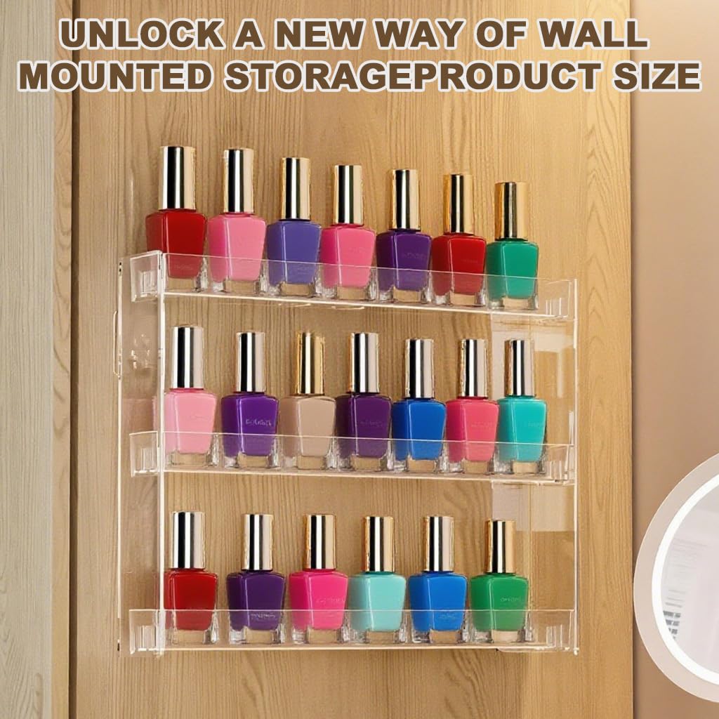 MAYCREATE Wall Mount Nail Polish Organizer for Makeup and Beauty Storage featuring 3 Tiers Clear Acrylic Design | No Drill Space Saver