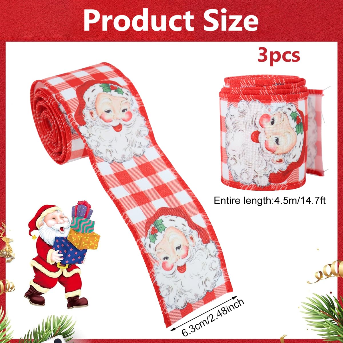 MAYCREATE Christmas Ribbon Set for Gift Wrapping and DIY Crafts featuring 3 Rolls 2.5 in x 5 yd Wired Fabric | Snowflake Santa Snowman Designs