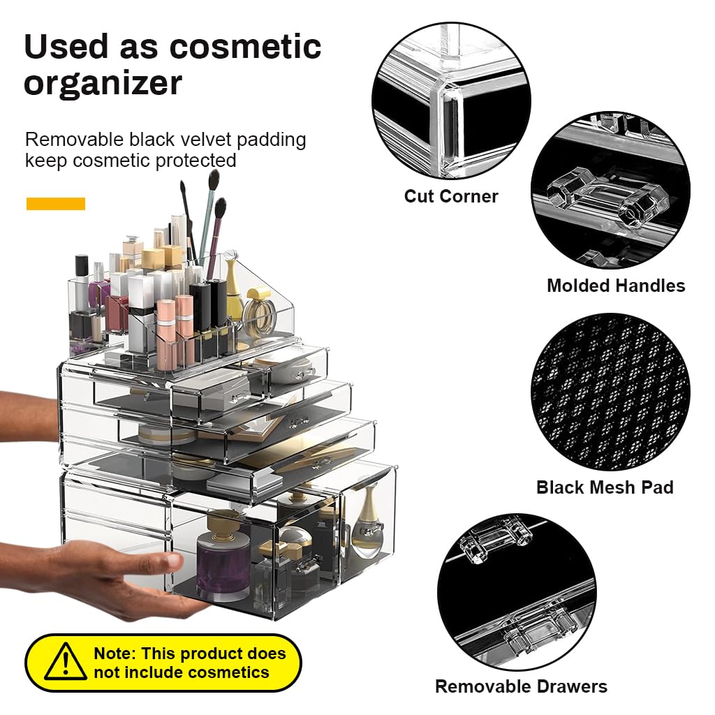 MAYCREATE Makeup Organizer for Dressing Table with 3 Stackable Units and Transparent Acrylic Drawers