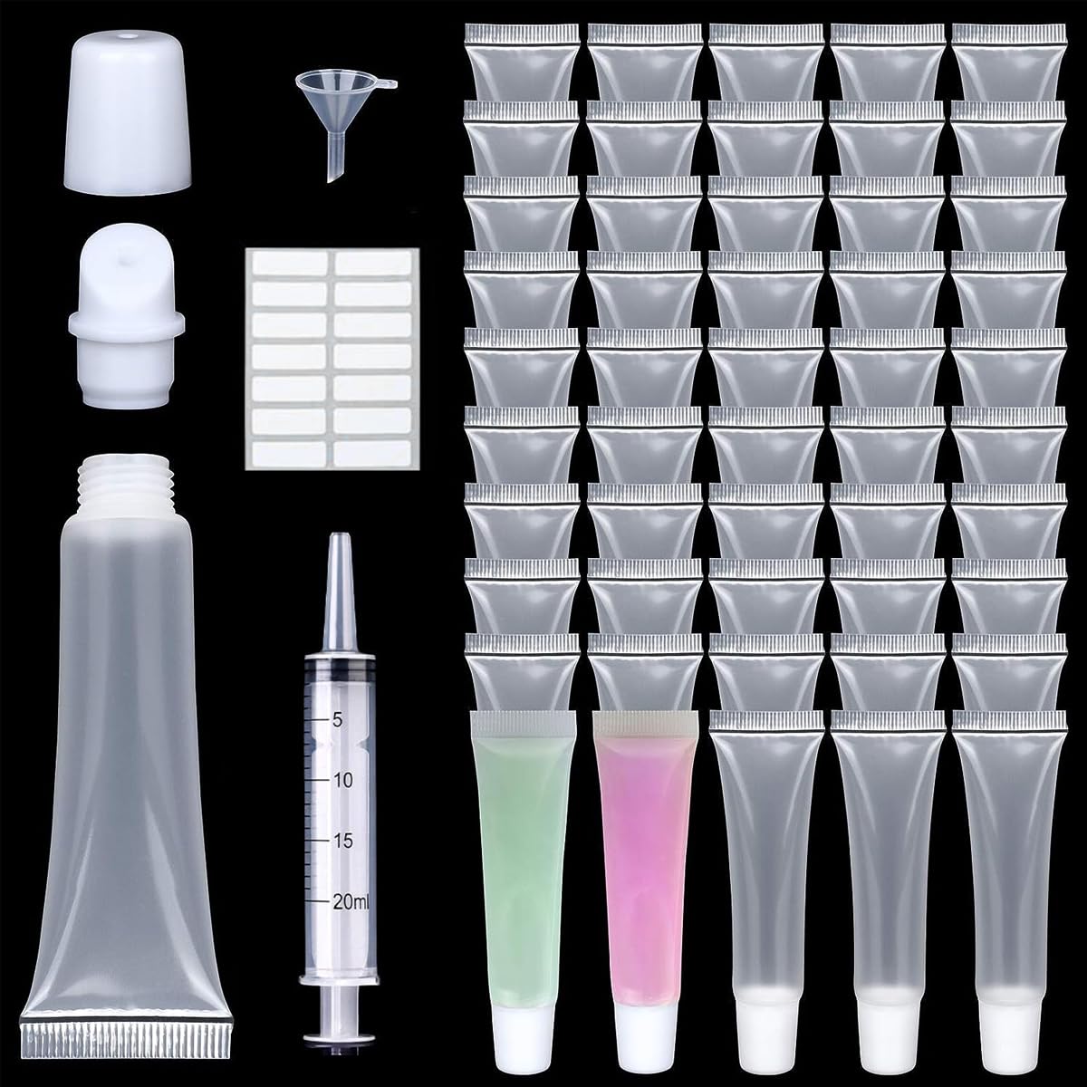 MAYCREATE 50pcs Clear Lip Gloss Tubes Set, 10ml Empty Lip Balm Containers with Caps, Syringes & Labels Kit, Plastic Soft Squeeze Tubes for DIY Cosmetic Sample Pigment Powder (Sample Not Included)