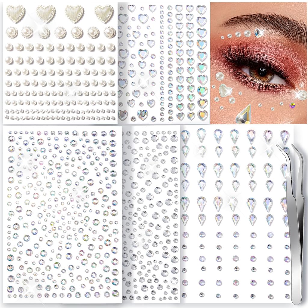 MAYCREATE Face Rhinestones for Makeup with Self Adhesive Design and Tweezer | Assorted Shapes