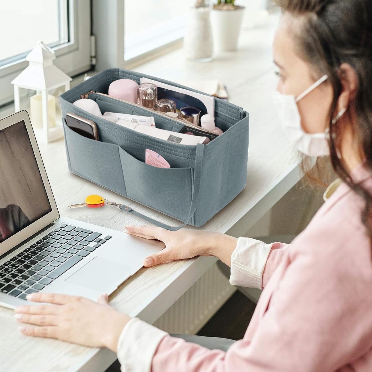 MAYCREATE Women Felt Purse Organizer Insert for Handbag, Felt Bag organizer with zipper for Handbag Tote Bag Storage Purse Divider, Grey