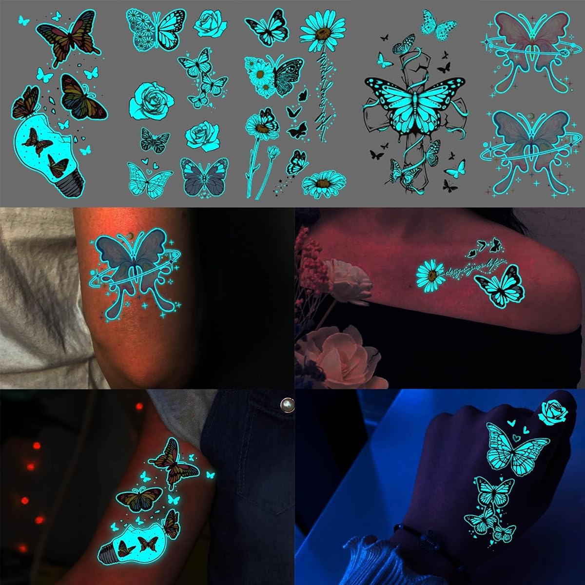 MAYCREATE Temporary Tattoos for Parties with Glow in the Dark Design | 20 Sheets Waterproof Stickers