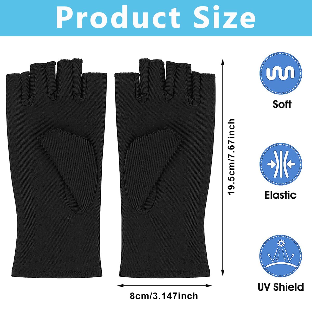 MAYCREATE Nylon Anti Uv Gloves For Gel Nail Lamp,Professional Upf50+ Uv Protection Gloves For Women Manicures,Nail Art Skin Care-Stretchy&Fingerless,Protect Hands From Uv Harm (Black),Pack of 2
