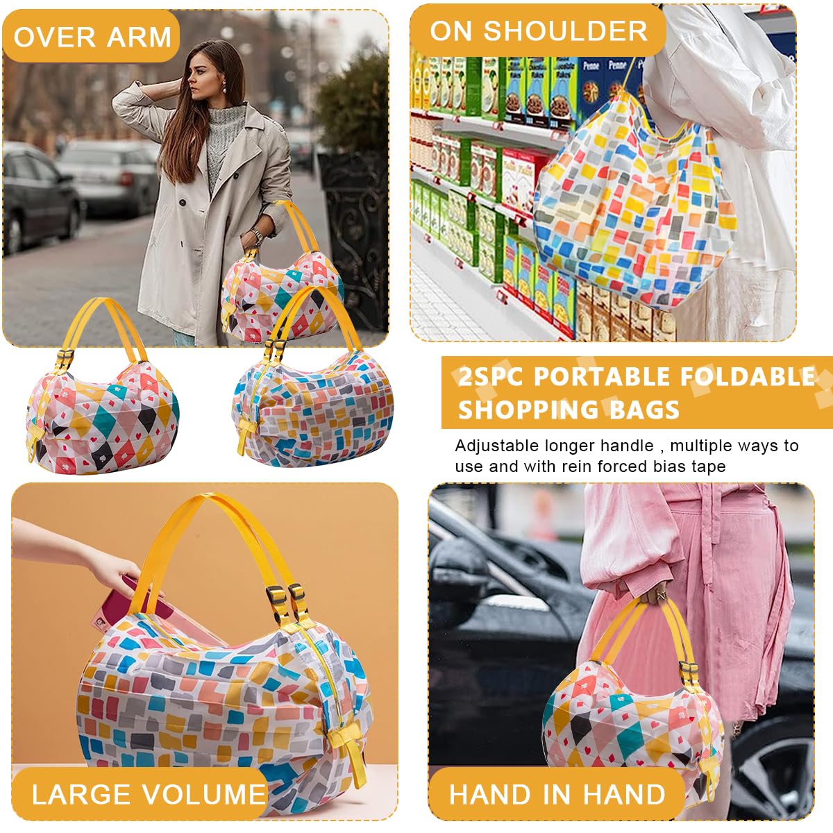 MAYCREATE 2pcs Shopping Bag for Grocery, Folding Supermarket Shopping Bag with Zipper, Reusable Grocery Bags with Handles Washable Shopping Bags Waterproof Shopping Tote Bag, Style B