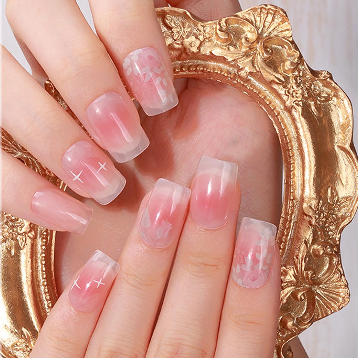 MAYCREATE 16PCS Gel Nail Strips, French Gel Nail Stickers, UV Free, Long Lasting Nail Wraps for Women, French Tip Nail Polsih Stickers, Includes Nail File & Wooden Stick, Style B