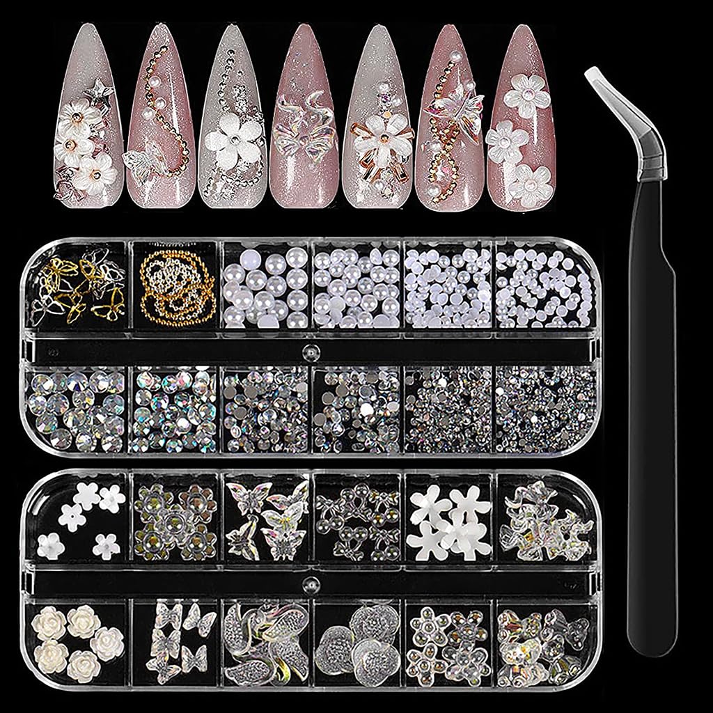 MAYCREATE 3D Nail Charms Kit for DIY Nail Art with 24 Grid Storage Box | Includes Rhinestones and Pearls