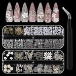MAYCREATE 3D Nail Charms Kit for DIY Nail Art with 24 Grid Storage Box | Includes Rhinestones and Pearls