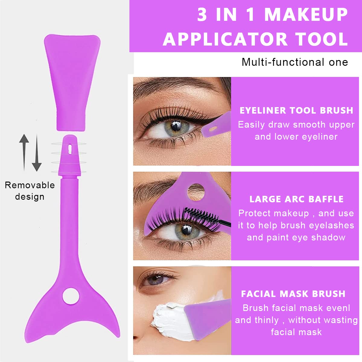 MAYCREATE Mascara Shield Applicator 3-In-1 Silicone Eyelash Shield Guard Eyeliner Auxiliary Cosmetic Makeup Tool, Reusable & Detachable - Purple