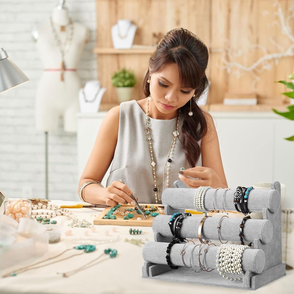 MAYCREATE Bracelet Holder Organizer 3-Tier Jewelry Display Stand for Watch Bangle Bracelet - Detachable Velvet Desk Bracelets Storage Showcase Rack, Grey