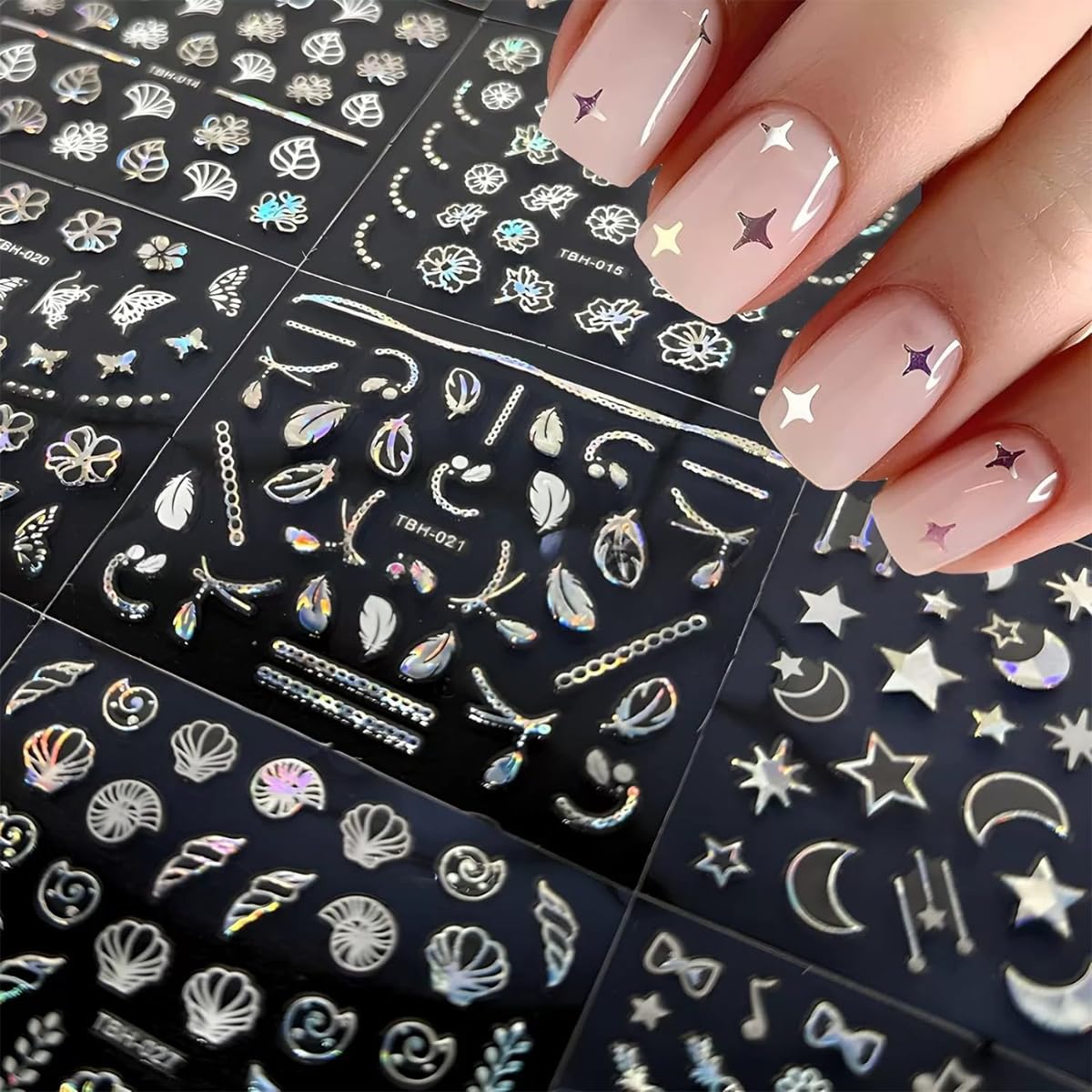 MAYCREATE Nail Art Stickers featuring 30 Sheets Self-Adhesive Holographic Designs for DIY Nails | Aurora Moon and Star Decals for Women and Girls