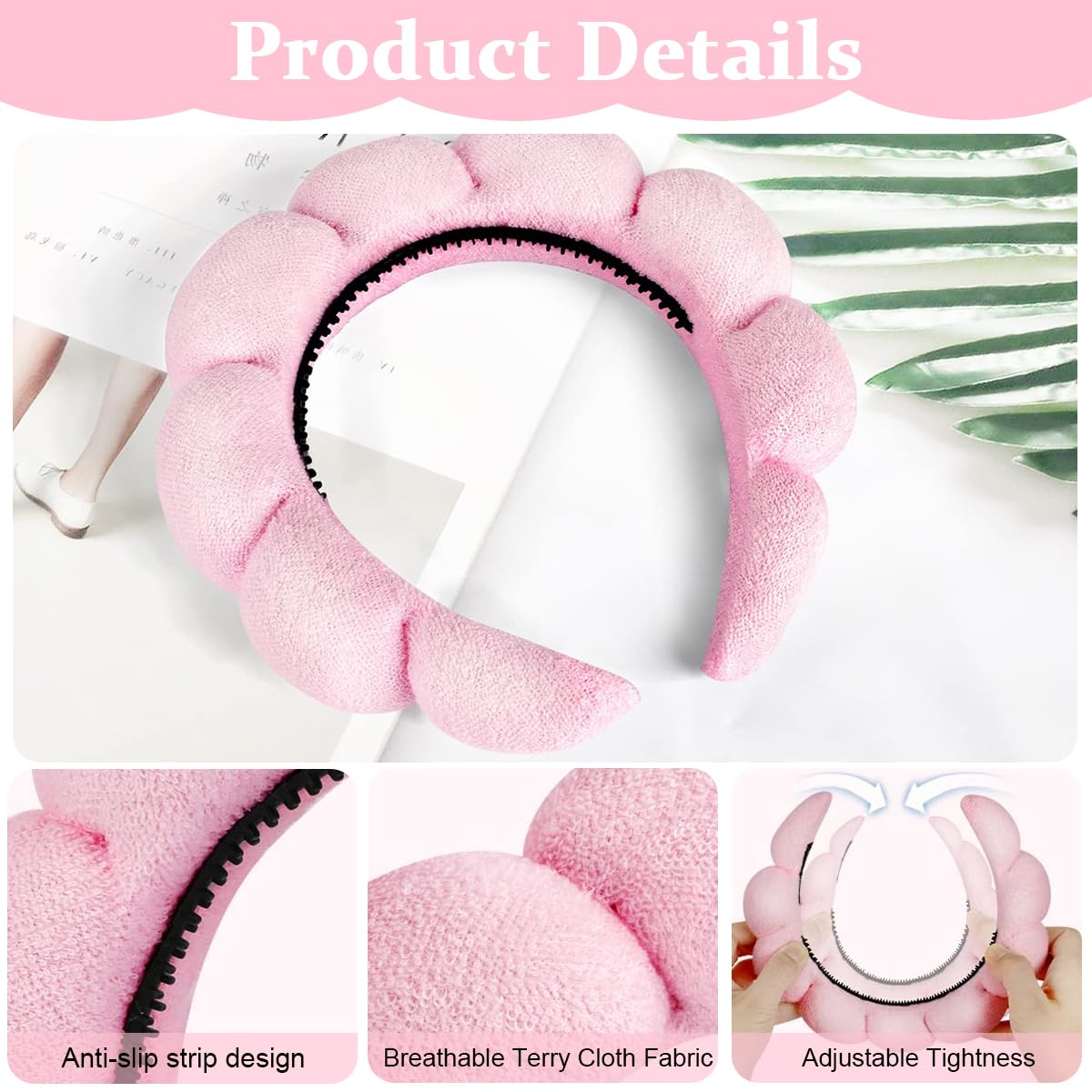 MAYCREATE Spa Facial Headband for Face Washing with Anti Slip Terry Cloth | Pink Hair Band for Women and Girls Makeup
