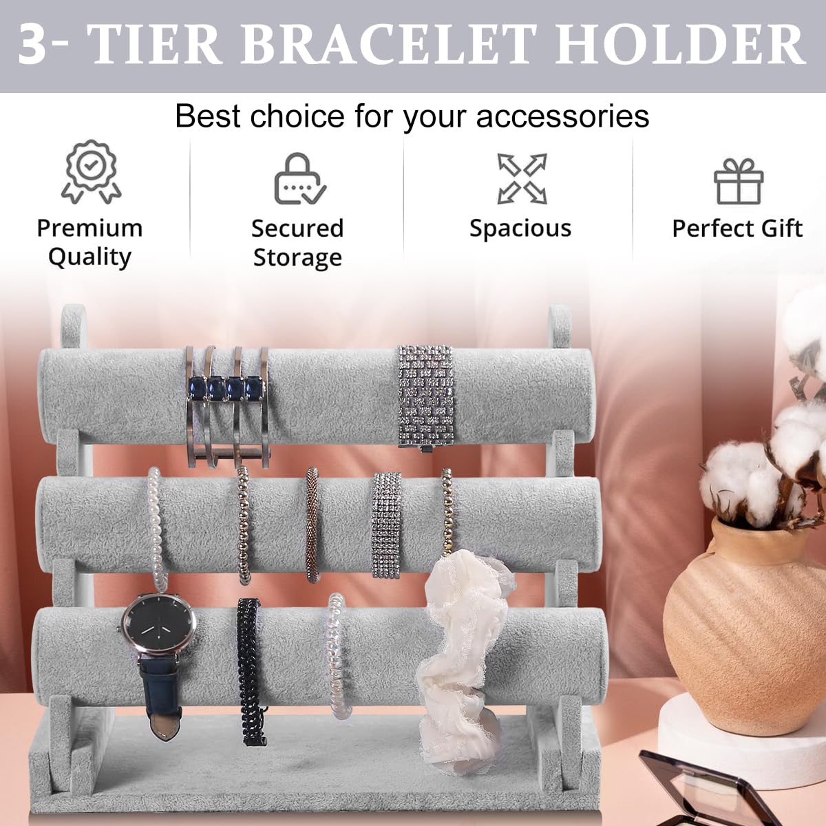 MAYCREATE Bracelet Holder Organizer 3-Tier Jewelry Display Stand for Watch Bangle Bracelet - Detachable Velvet Desk Bracelets Storage Showcase Rack, Grey
