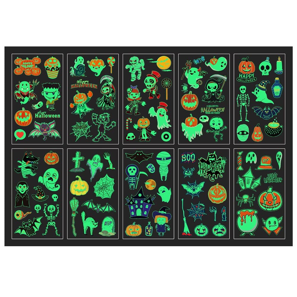 MAYCREATE 10 Sheets Halloween Cartoon Temporary Tattoo Sticker Night Glow Sticker,Halloween Decoration Sticker for Boys Girls Halloween Party