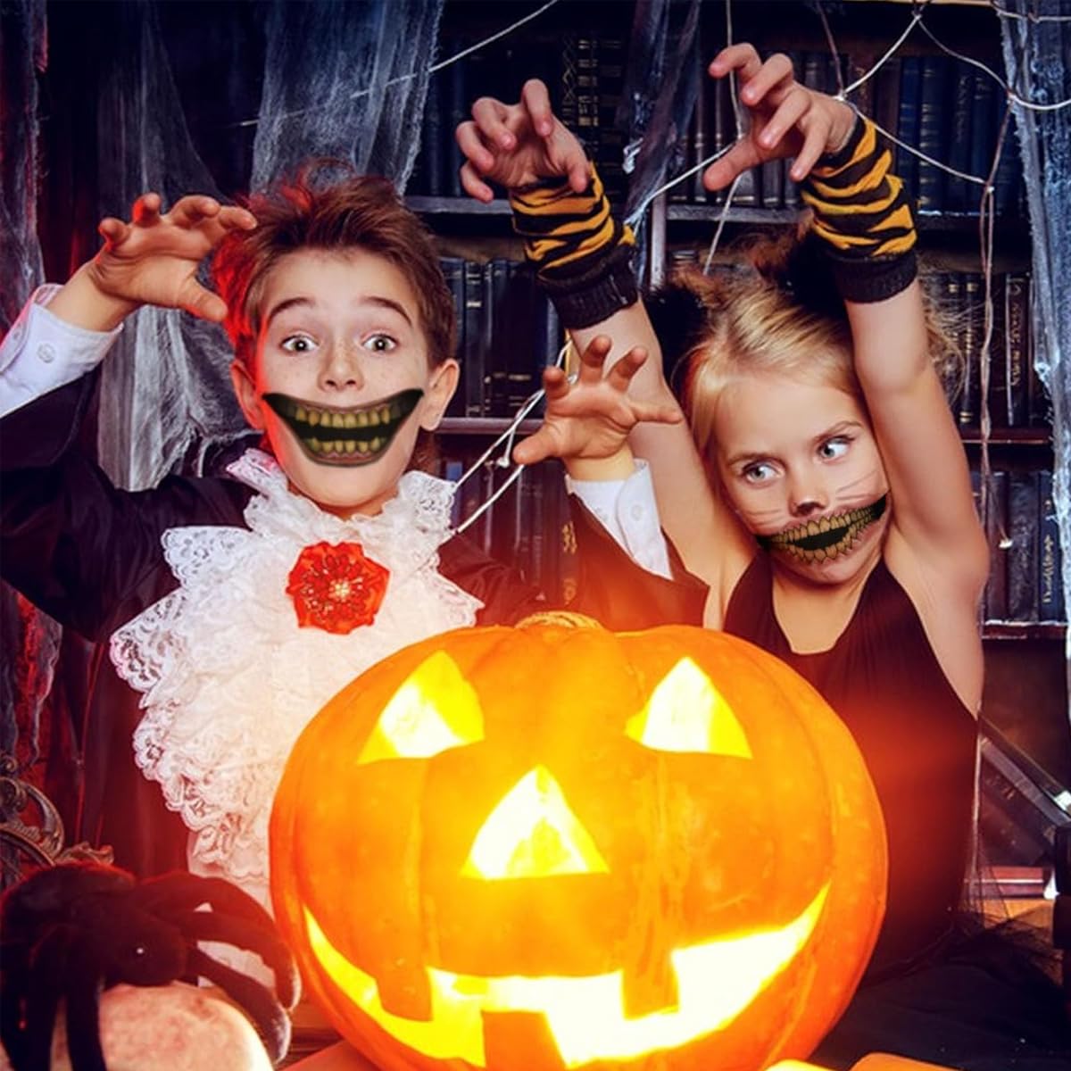 MAYCREATE 10 Sheet Halloween Temporary Tattoo for Women Men 3D Realistic Face Tattoo Sticker Waterproof Vampire Cosplay Makeup Horror Smile Mouth Tattoo Sticker