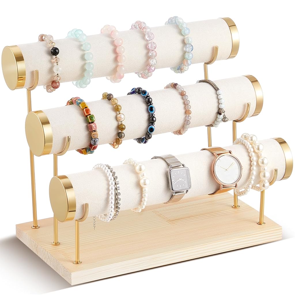 MAYCREATE® Metal Bracelet Display Rack with Wooden Base, Bracelet Holder Organizer for Watch Bangle, 3-Tier Showcase Rack Boutique Shop Bracelets Display Holder