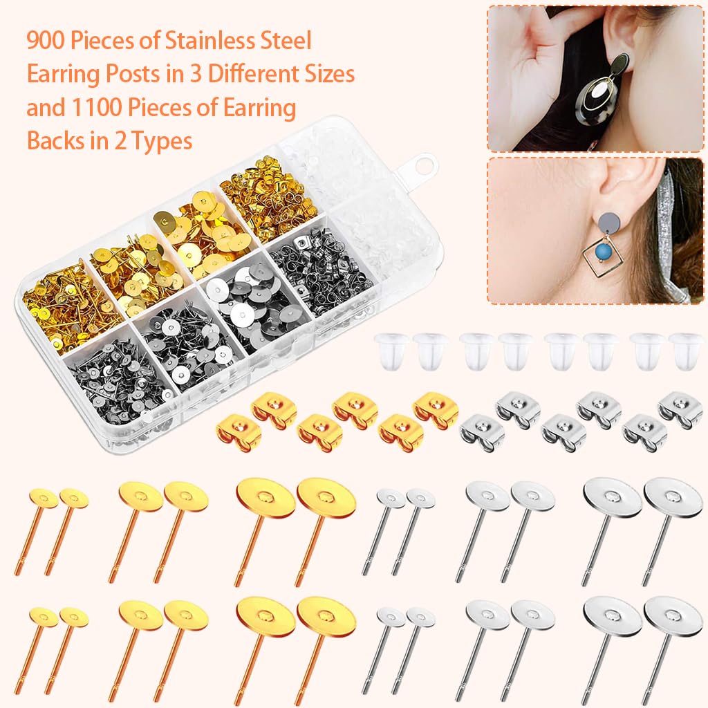MAYCREATE 2000 Pieces Earring Jewellery Making Kit 2 Color Earring Back Stopper And Stud Earrings Post Kit with 3 Sizes Stainless Steel Silicone Earring Backs with Storage Box