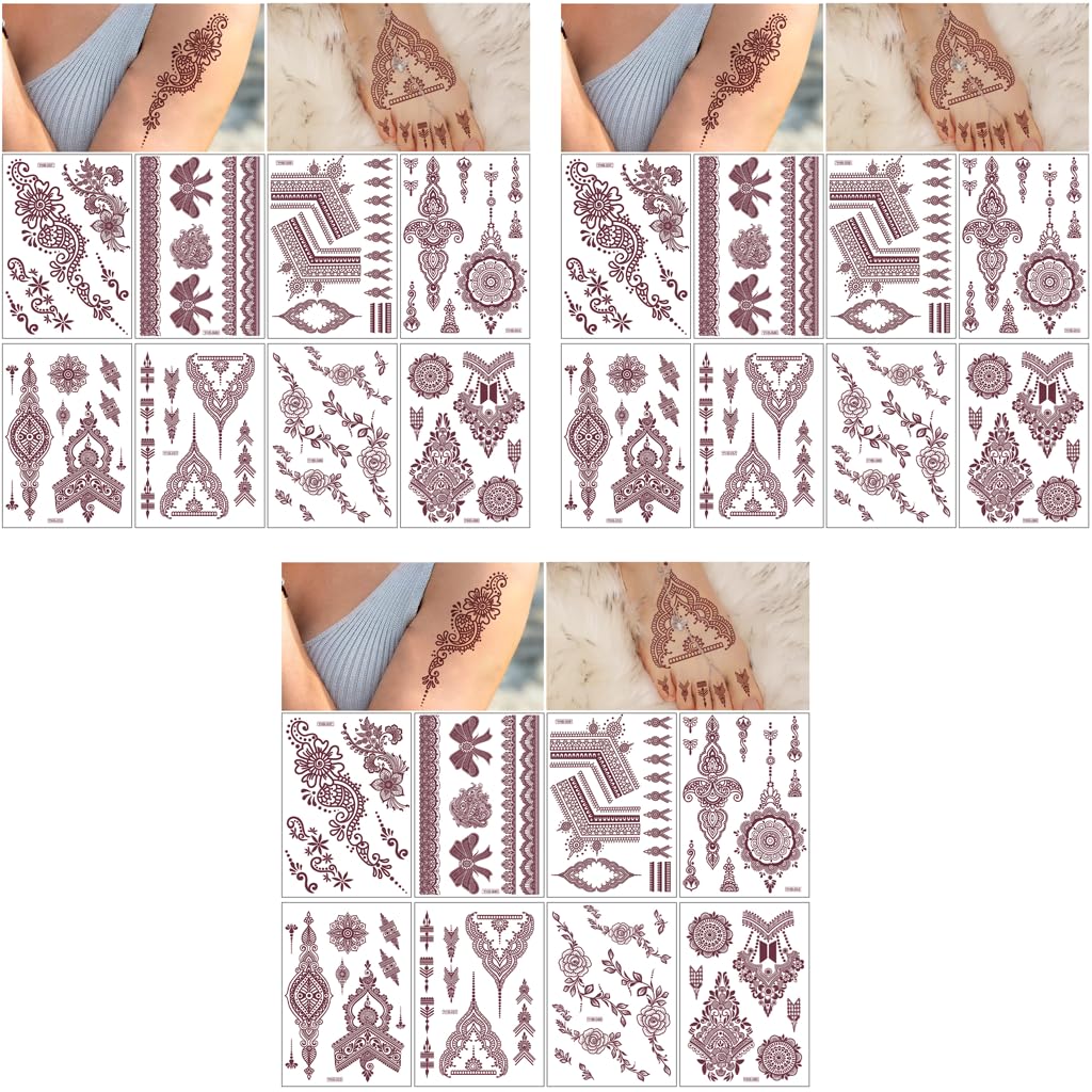MAYCREATE Henna Temporary Tattoo Stickers for Women with 8 Sheets Waterproof Brown Designs