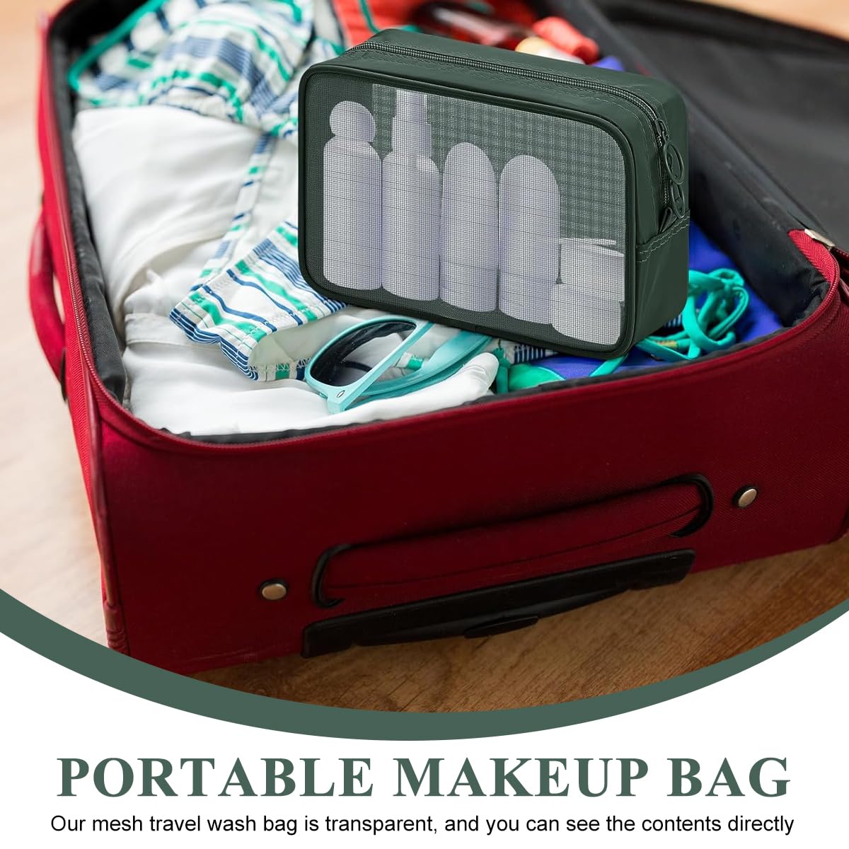 MAYCREATE Makeup Organizer Bag for Travel and Daily Use featuring 4 Sizes Mesh Pouches | Green Zipper Cosmetic Bags