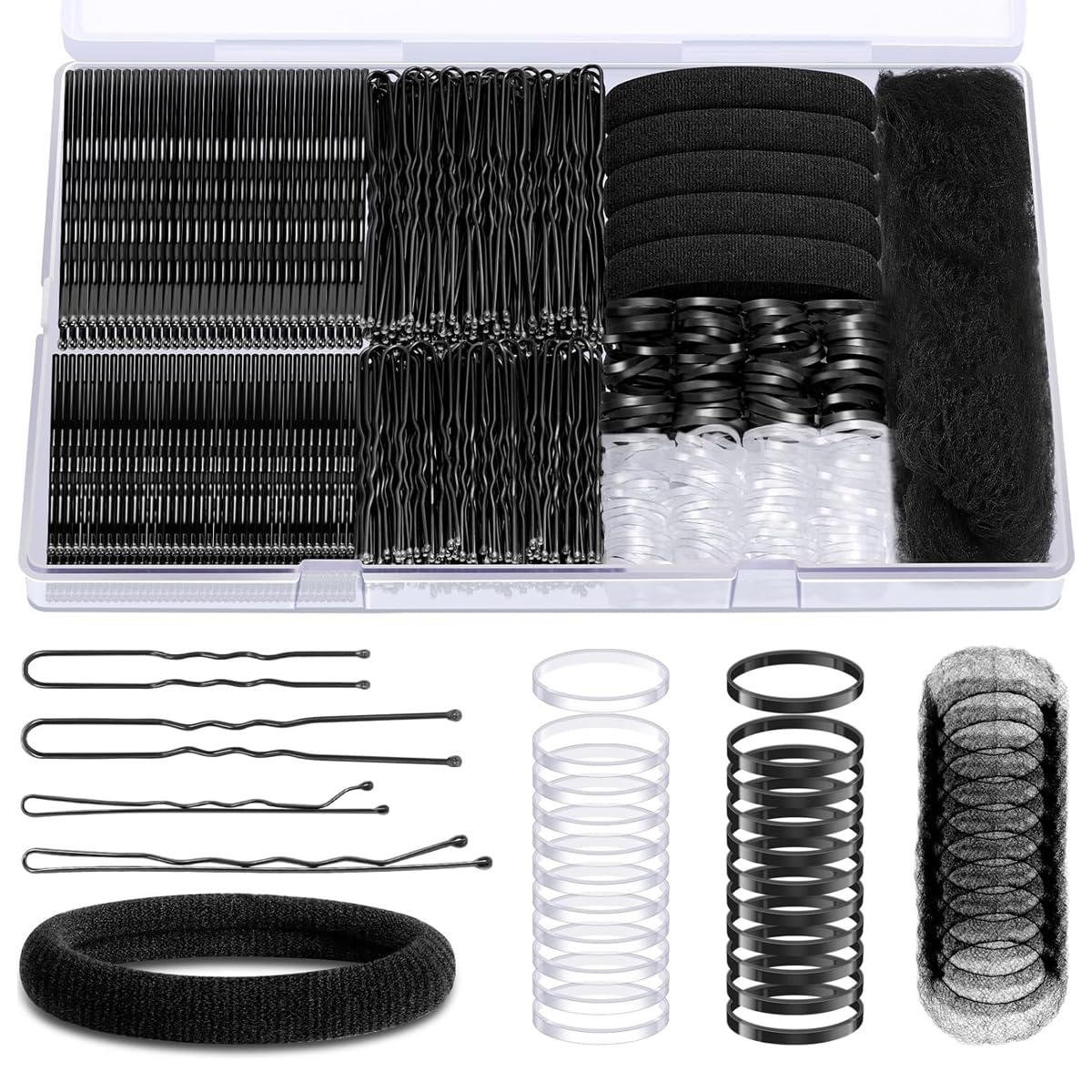 MAYCREATE® 415Pcs Black Hair Accessories Set with Box, Includes Bobby Pins, Hair Bands, Clips & Sheer Black Mesh Net, Fashion Hair Styling Accessories Tools for Women and Girls