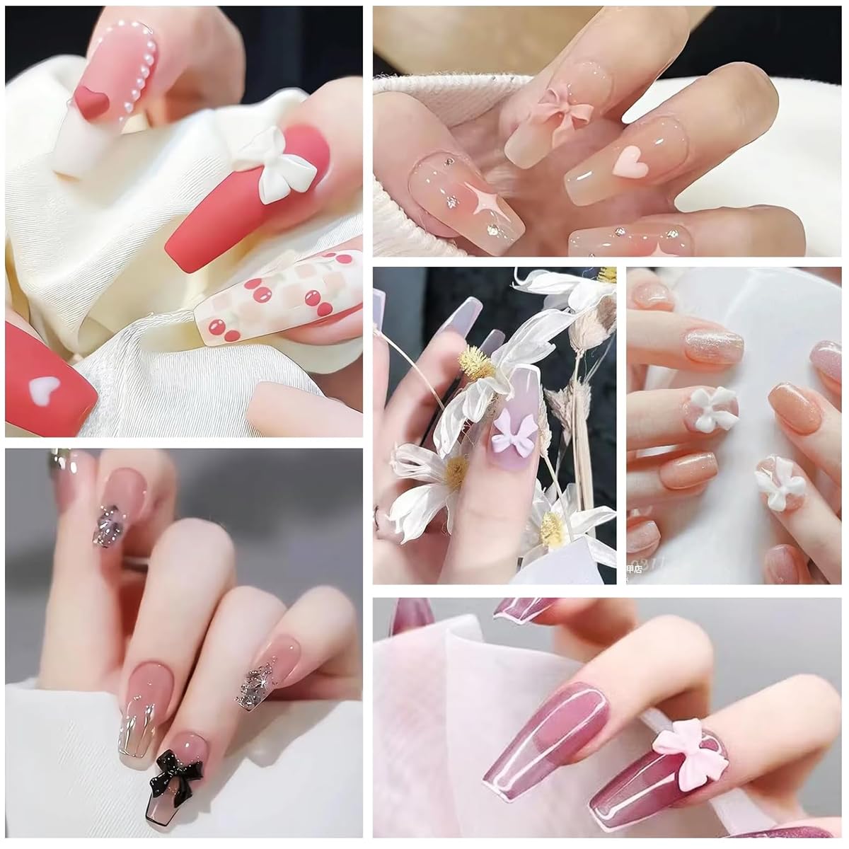 MAYCREATE Colorful Bow Knot Nail Charms Set for DIY Nail Art with Faux Pearls | 6 Colors