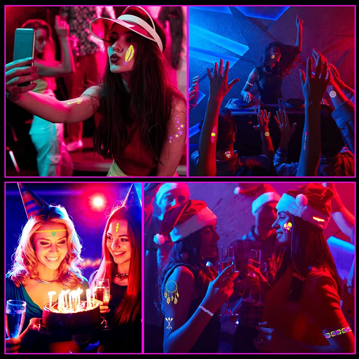 MAYCREATE 10 Sheets Temporary Tattoos Sticker Glow in The Dark Assorted Patterns Fun UV Neon Body Face Fake Tattoos for Women Men Rave Festival Party, Waterproof Multi