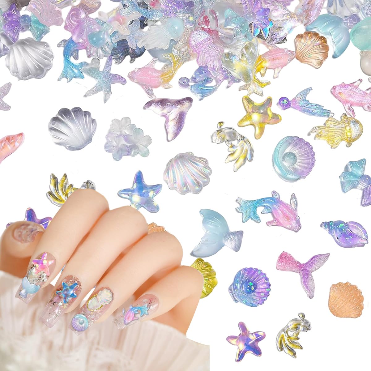 MAYCREATE Nail Resin Charms for Summer Beach DIY Crafts featuring 50PCS 3D Mermaid and Seashell Designs | Multicolor Ocean Theme