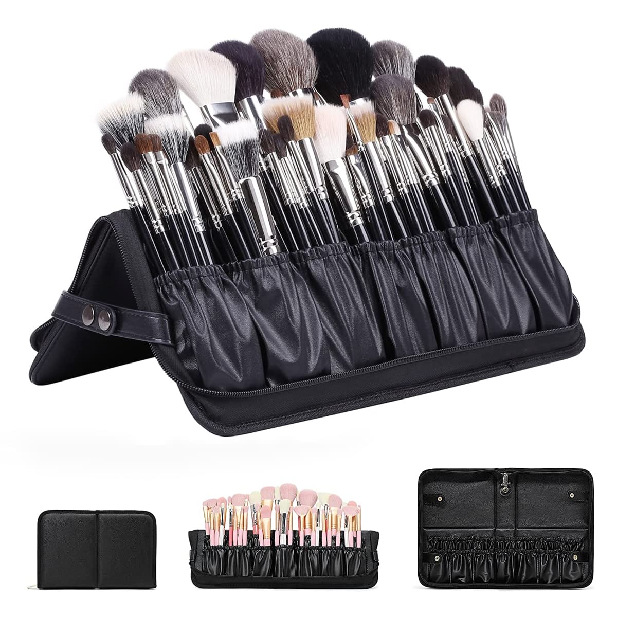 MAYCREATE Makeup Brush Holder Bag Portable Travel Makeup Organizer Bag Foldable Zipper Cosmetic Makeup Brush Pouch Storage Case with 29 Elastic Pockets