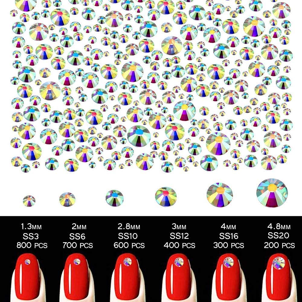 MAYCREATE Nail Art Kit Flat Back AB Crystal Rhinestones and Clear Crystal Rhinestones with Pick Up Tweezer and Rhinestone Picker Dotting Pen(1500 PCS, 6 Sizes)
