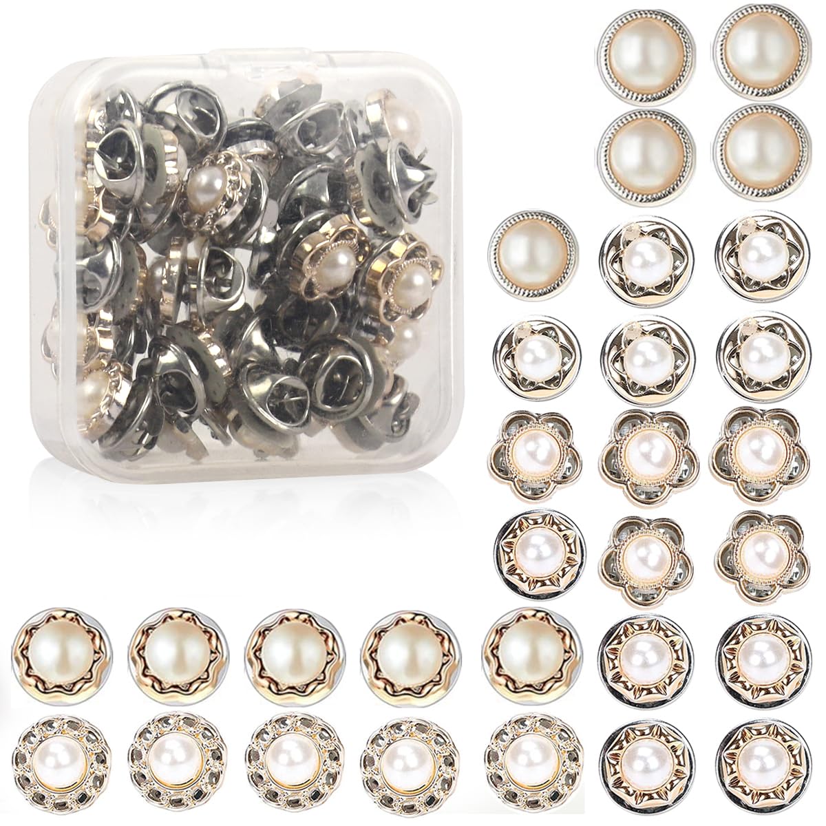 MAYCREATE 30 pcs Pearl Brooch Buttons Cover Up,Pins Mini Safety Shirt Buttons for Cardigan Saree Dress Hats,No Sew & Removable