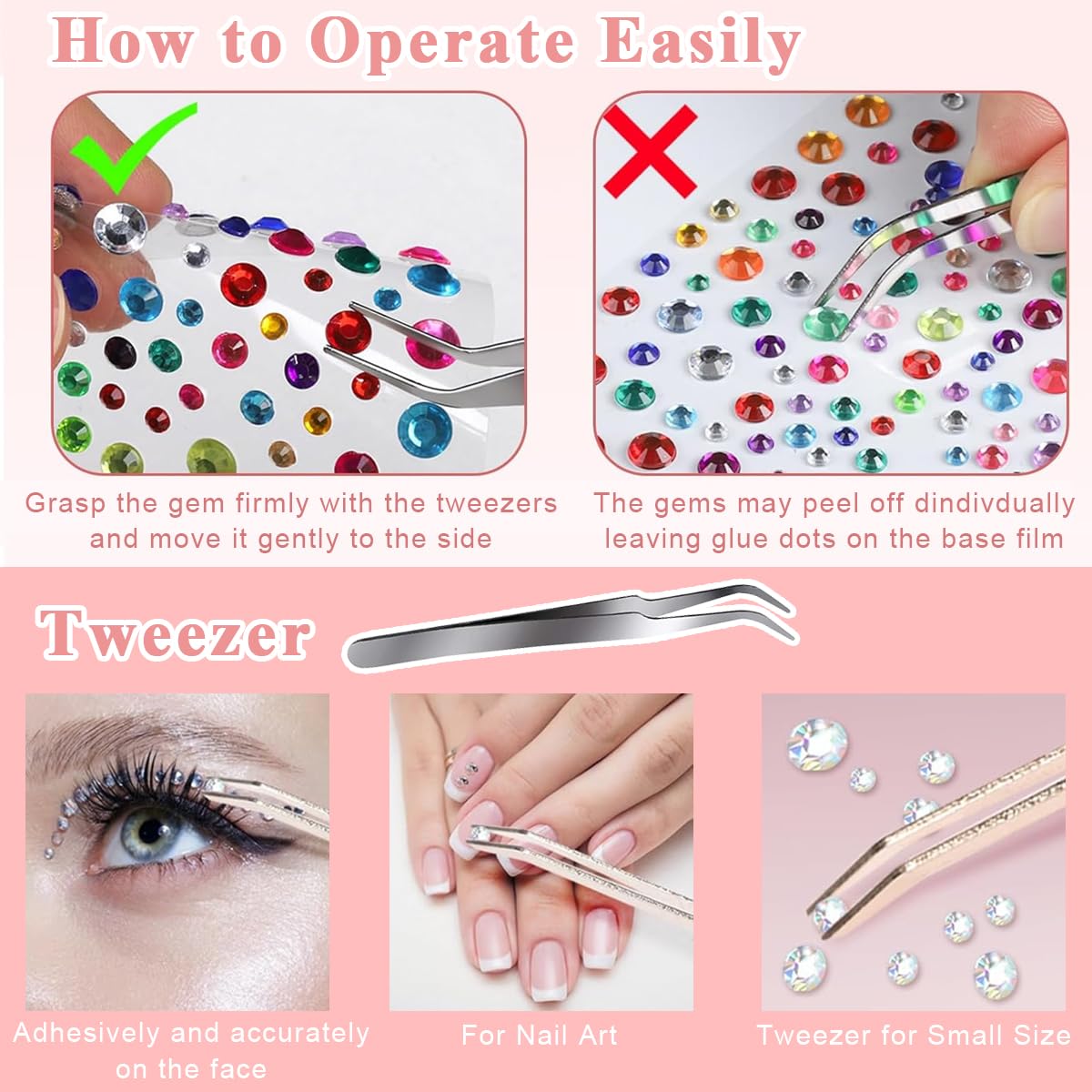 MAYCREATE 6 Sheets Face Gems Rhinestones Pearl Stickers with Tweezer, Self Adhesive Face Jewels Sticker, Glitter Color Festival Hair Gems for Makeup, DIY Crafts, Nail Art, Scrapbooking