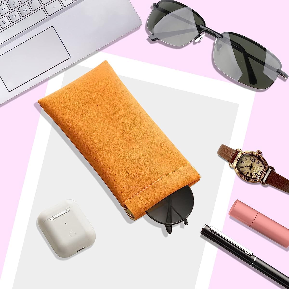 MAYCREATE Sunglasses Case for Travel with Squeeze Top Closure 9×18 cm PU Leather | 4 Pack