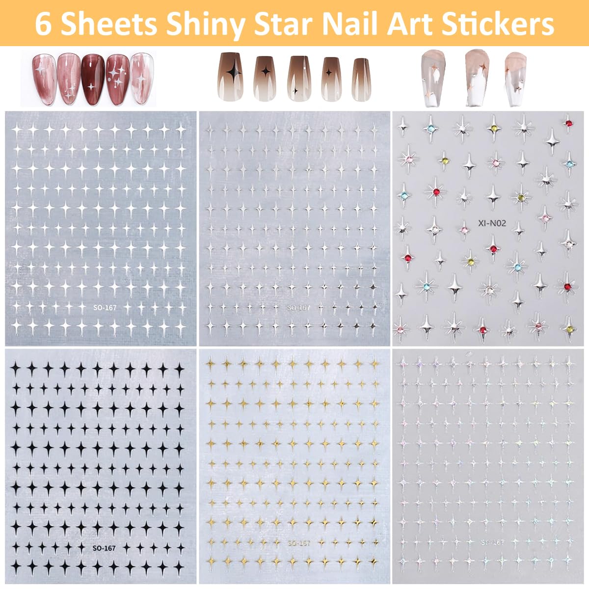 MAYCREATE 6 Sheets Star Nail Stickers Y2K Nail Art Decal Stickers, 3D Galaxy Stars Nail Art Design Decals Self-Adhesive Star Stickers DIY Nail Decals Nail Tips for Nail Extension Decoration