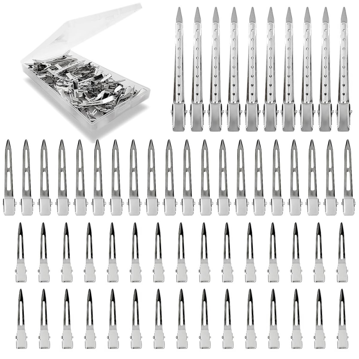 MAYCREATE 60Pcs Styling Hair Clips, Duckbill Long Hair Clips, Silver Metal Duck Billed Hair Clips for Women Styling Sectioning, Pin Curl Clips for Hair, Alligator Roller Clip with Storage Box