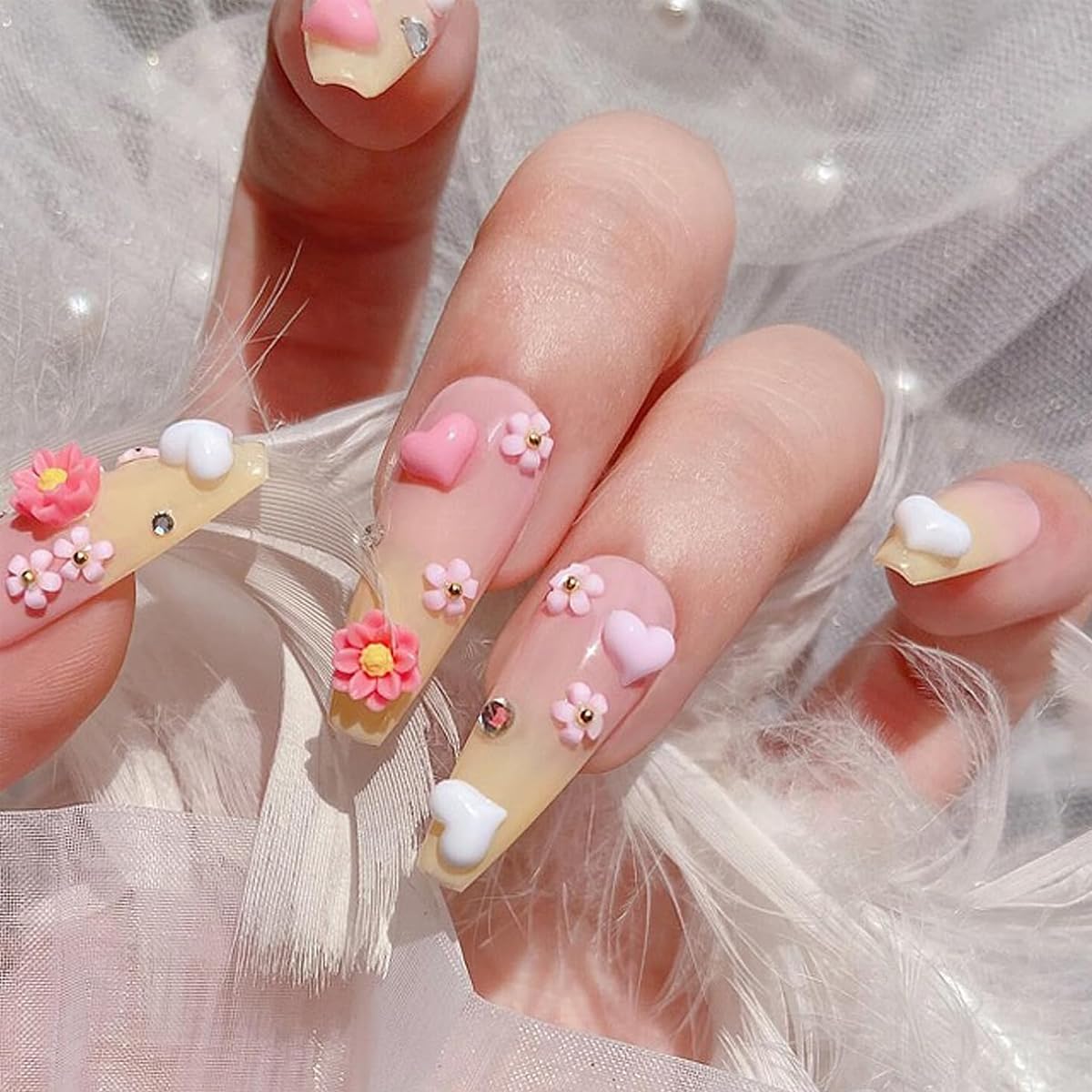 MAYCREATE 3D Flower Nail Charms Heart Star Bow Embellishments Acrylic Nail Gems Charms Mixed AB Resin Rhinestones Pearls Gold Rivets for Manicure DIY Crafts Accessories, Pink