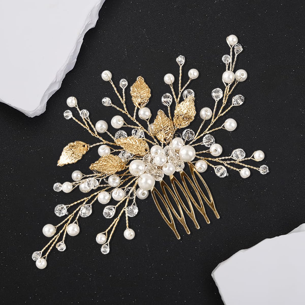MAYCREATE Bridal Hair Comb for Wedding Hairstyles with 5.5 in Design featuring Crystal Pearl Gold Leaf | Elegant Accessory for Women and Girls