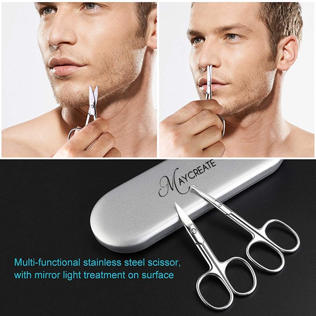 MAYCREATE Nose Scissors Beard Mustache Eyebrow Trimmer Stainless Steel Set with Storage Box (Silver)