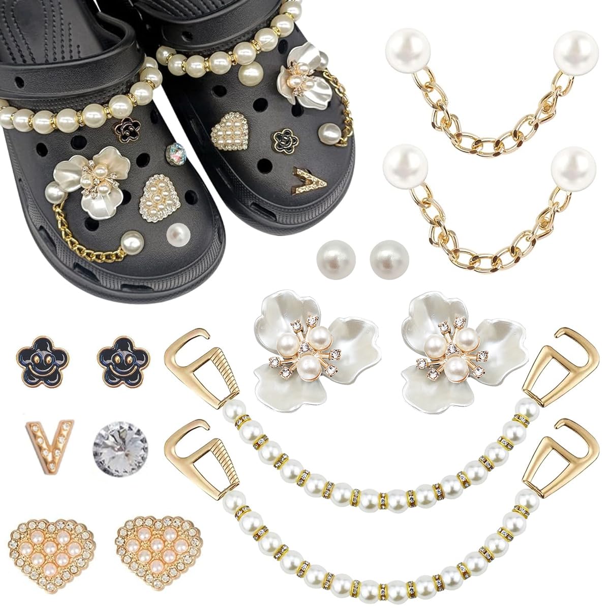 MAYCREATE 14pcs Bling Shoe Charms, Flower Pearl Clog Shoes Accessories, Fashion Crystal Rhinestone Shoes Charms Pearl Chain DIY Sandals Decoration for Women, Party Favors Birthday Gifts