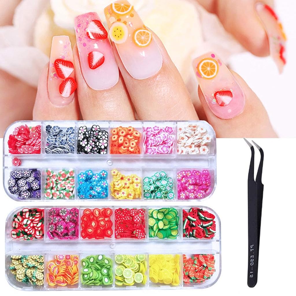 MAYCREATE 2 Boxes 3D Nail Art Kit Fruit Polymer Slices DIY Nail Art Slices Colorful Crystal Flower Fruit Clay Nail Slice Nails Sequins DIY Nail Art Marking Tools