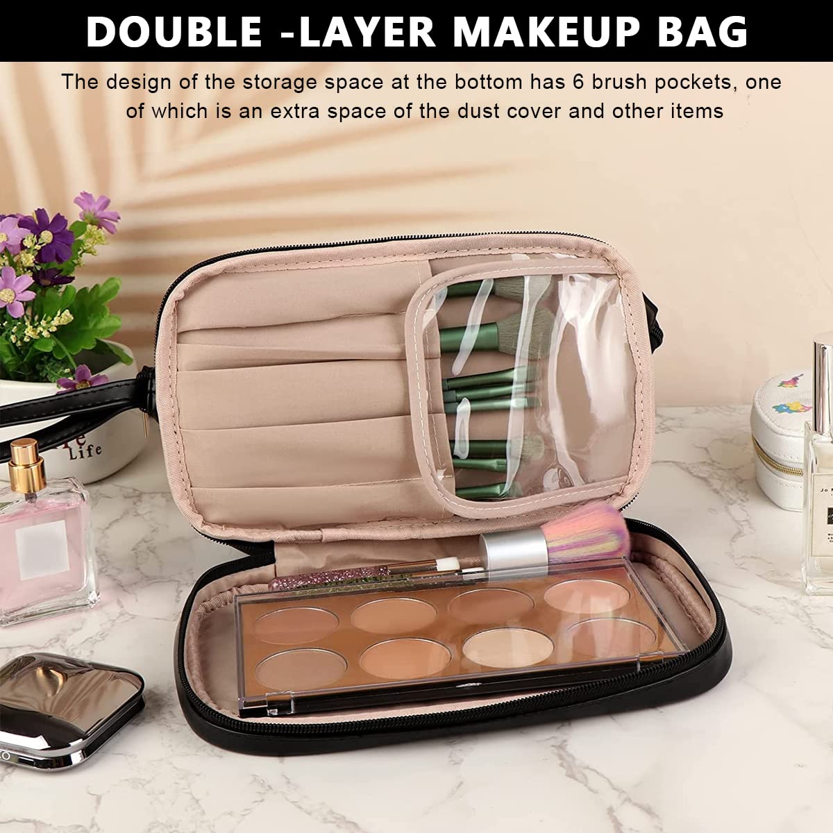 MAYCREATE Cosmetic Bag for Travel with Double Layer Brush Holders and 25×15×16 cm PU Leather Design | Black Makeup Organizer